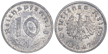 Германия 10 рейхспфеннигов 1947 F, оккупация Германии союзными войсками J. 375, KM A104 цинк aUNC 11-264-52