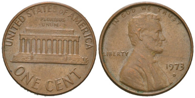 США 1 цент 1973 D, Авраам Линкольн  KM 201 медь цинк 220-918