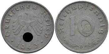 ГЕРМАНИЯ 10 РЕЙХСПФЕННИГОВ 1943 D KM 101, J. 371 цинк 4401-551