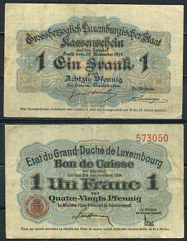 Люксембург 1 франк 1914 Pick 21 бумага 451-1223-1