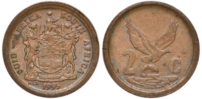 ЮАР 2 цента 1995 орел с рыбой KM 133 сталь плакированная медью 4164-534