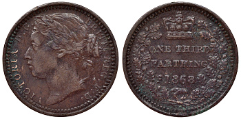 Великобритания 1/3 фартинга 1868 Виктория (1837-1901) KM 750, Spink 3960 бронза 1531-233
