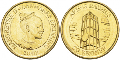 Дания 20 крон 2002 серия башни и ратуши, городская ратуша Орхуса KM 889 алюминиевая бронза UNC M17-19
