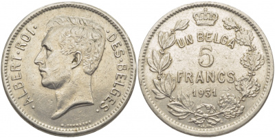 БЕЛЬГИЯ 5 ФРАНКОВ 1931 BELGES KM 97.1 никель 114-836