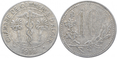 Алжир, Французская оккупация 10 сантимов 1918 Alger Chamber of Commerce KM TnA5 алюминий 114-914