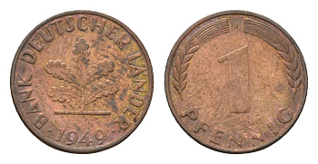 ФРГ 1 пфенниг 1949 J KM A101, J. 376 сталь плакированная медью 4685-356