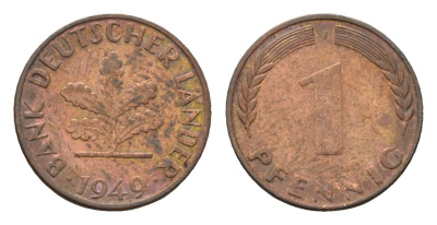ФРГ 1 пфенниг 1949 J KM A101, J. 376 сталь плакированная медью 4685-356