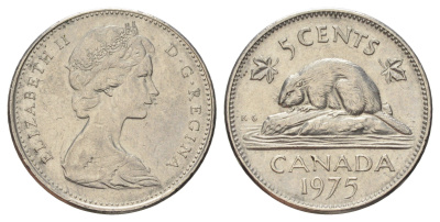 Канада 5 центов 1975 Елизавета II (1952-2022), бобр KM 60.1 никель 4689-412