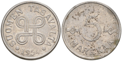 Финляндия 5 марок 1954 KM 37а никелированное железо 187-445