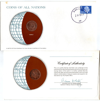 Турция 10 курушей 1974 конверт с маркой первого дня гашения, Coins of Nations KM 891.3 бронза UNC 4294-18-1