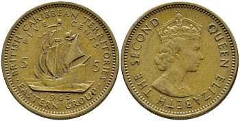 Британские Восточно-Карибские территории 5 центов 1965 Елизавета II (1952-2022), парусник KM 4 никель латунь 4393-234