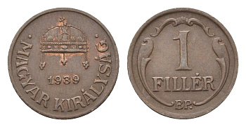 Венгрия 1 филлер 1939 BP, редкий год KM 505 бронза 4665-363