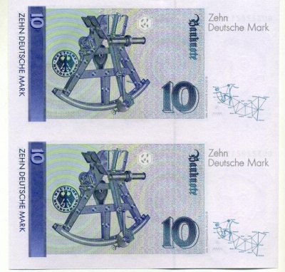 ФРГ 10 марок 1999 1 сентября 1999, Карл Фридрих Гаус, неразрезанные две боны Pick 38 d бумага UNC (пресс) 451-47-2