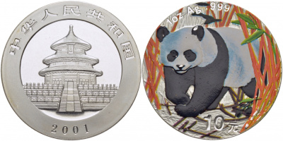 Китай 10 юаней 2001 панда KM 1365 серебро, эмаль PROOF 1077-7-12