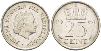 НИДЕРЛАНДЫ 25 ЦЕНТОВ 1961 ЮЛИАНА KM 183 никель 214-748