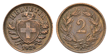Швейцария 2 раппена 1929 B KM 4.2 бронза 46-913