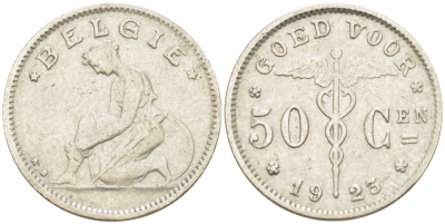 БЕЛЬГИЯ 50 САНТИМОВ 1923 BELGIE KM 88 никель 261-1659