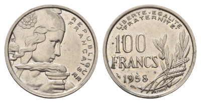 Франция 100 франков 1958 KM 919 медно-никель 3856-621