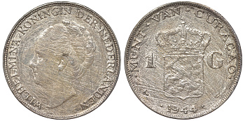 Нидерландское Кюрасао 1 гульден 1944 D, Вильгельмина (1890-1948) KM 45 серебро 36-533