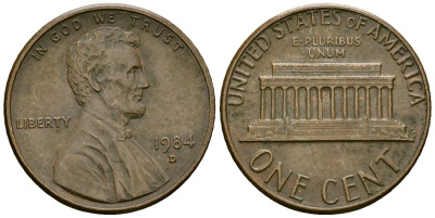 США 1 цент 1984 D, Линкольн KM 201b цинк плакированный медью 4136-241