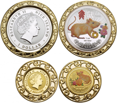 Ниуэ 1 и 2 доллара 2008 год крысы, редкие, цветная эмаль, в оригинальной упаковке золото, серебро PROOF 3-4-2-30