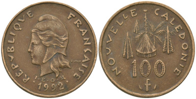Французская Новая Каледония 100 франков 1992 хижина среди сосен и пальм, (IEOM) KM 15, Schoen 16, Lec 137 никель бронза 88-746