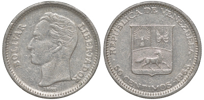 Венесуэла 50 сентимо 1965 Симон Боливар KM 41, Schon 51 никель 4606-331