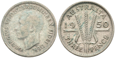 Австралия 3 пенса 1950 KG, Георг VI (1937-1952) KM 44 серебро 4585-266
