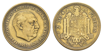 Испания 2,5 песеты 1953 (56) Франсиско Франко (1939-1975) KM 785 алюминиевая бронза 4538-335