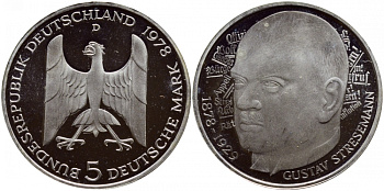 ФРГ 5 марок 1978 D, 200 лет со дня рождения Густава Штреземана J. 422, KM 147 серебро PROOF 1520-1333