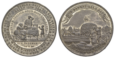 Германия медаль в память о голоде при инфляции 1846-1847 годов 1847 Теперь все благодарят Бога, Псалом 50, стих 15 - Господи, устне мои отверзеши, и уста моя возвестят хвалу Твою, вес 27,7 гр, диаметр 42 мм олово 3896-1133