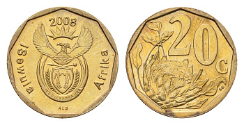 ЮАР 20 центов 2008 герб, цветок протея KM 442 сталь плакированная бронзой UNC 4687-633