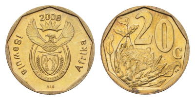 ЮАР 20 центов 2008 герб, цветок протея KM 442 сталь плакированная бронзой UNC 4687-633