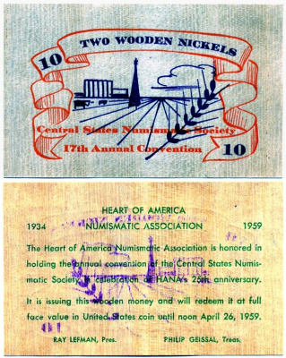 Канада 10 деревянных никелей = 50 центов 1959 нумизматическая ассоциация Центральной Америки   дерево  UNC (пресс) 7146-61-2-2