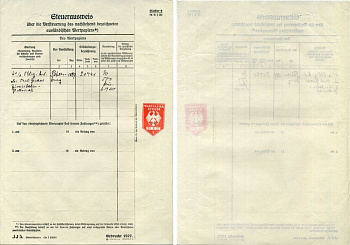 Германия документ об уплате налогов за получение дивидеднов по акциям 1927 бумага 8805-08-1