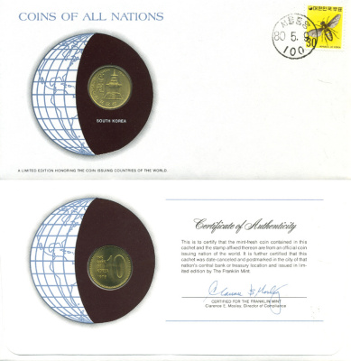 Южная Корея 10 вон 1979 конверт с маркой первого дня гашения, Coins of Nations KM 6а латунь UNC 4294-66-3
