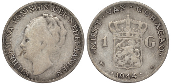 Нидерландское Кюрасао 1 гульден 1944 D, Вильгельмина (1890-1948) KM 45 серебро 36-714