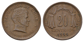 Чили 20 сентаво 1944 KM 177 медь 4580-1246