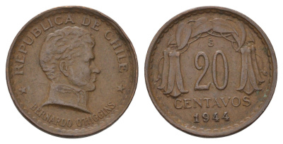 Чили 20 сентаво 1944 KM 177 медь 4580-1246