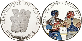 Конго 1000 франков 1998 XXVII олимпийские игры в Сиднее, бокс, цветная эмаль, тираж 5000 экз. KM 28.2 серебро PROOF 04-138-33