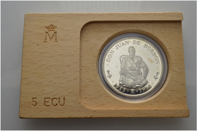 Испания 5 экю 1993 Хуан Карлос I (1913-1993), парусник, в оригинальной деревянной коробке, с сертификатом  серебро  PROOF  4-3-1-14
