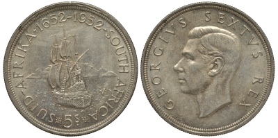 ЮАР 5 шиллингов 1952 Георг VI (1937-1952), 300 лет основания Кейптауна, парусник KM 41 серебро 650-341