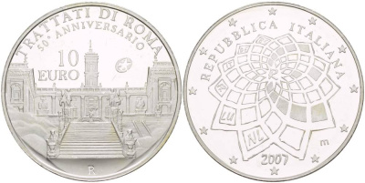 Италия 10 евро 2007 50 лет Римскому договору KM 295 серебро PROOF 1087-7-21