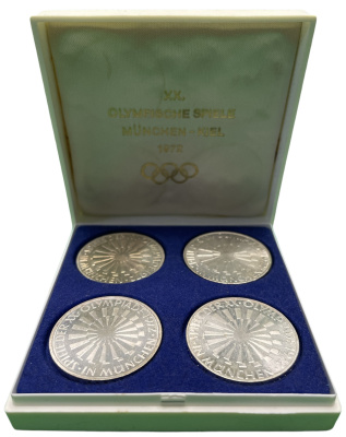 ФРГ набор из 4 монет по 10 марок 1972 XX Олимпийские игры 1972 года в Мюнхене, спираль (F, J, D, G), коробка KM 134.1, J. 401b серебро UNC 3-4-7-27