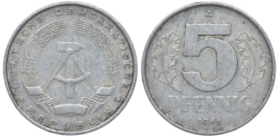 ГДР 5 ПФЕННИГОВ 1968 A KM 9.1 алюминий 62-115