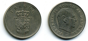 Дания 1 крона 1963 C;S, Фредерик IX (1947-1972) KM 851 медно-никель 56-352
