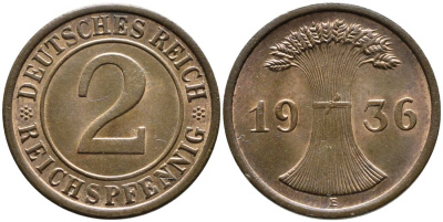 Германия 2 рейхспфеннига 1936 E, Веймарская Республика (1919-1933) KM 38, Jager 314, Weege 4 бронза  aUNC  4546-851
