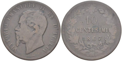 Италия 10 чентезимо 1867 OM, Виктор Эммануил II (1861-1878) KM 11.5 медь 4526-923