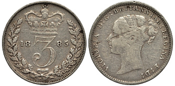 Великобритания 3 пенса 1885 Виктория (1837-1901) KM 730, Spink 3914D серебро 4528-361