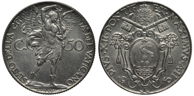 ВАТИКАН 50 ЧЕНТЕЗИМО 1940 ГОД II, ПАПА ПИЙ XII (1939-1958), АРХАНГЕЛ МИХАИЛ KM 25а нержавеющая сталь XF+ 3896-1623